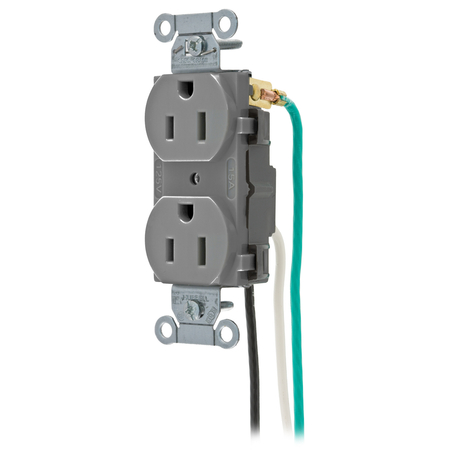 HUBBELL WIRING DEVICE-KELLEMS Straight Blade Devices, Receptacles, Duplex, Commercial Grade, 2-Pole 3-Wire Grounding, 15A 125V, 5-15R, Gray, Single Pack, With 8""Stranded Leads. CR15GRYP2